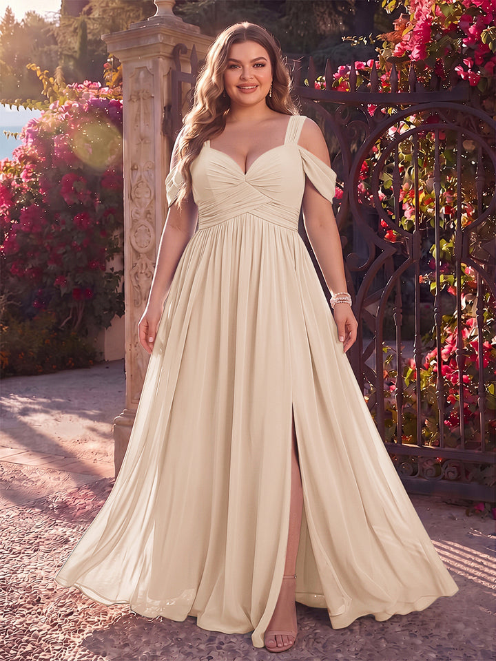 A-Line/Princess Cold Shoulder Sleeveless Chiffon Floor-Length Plus Size Bridesmaid Dresses with Split Side &amp; Ruched