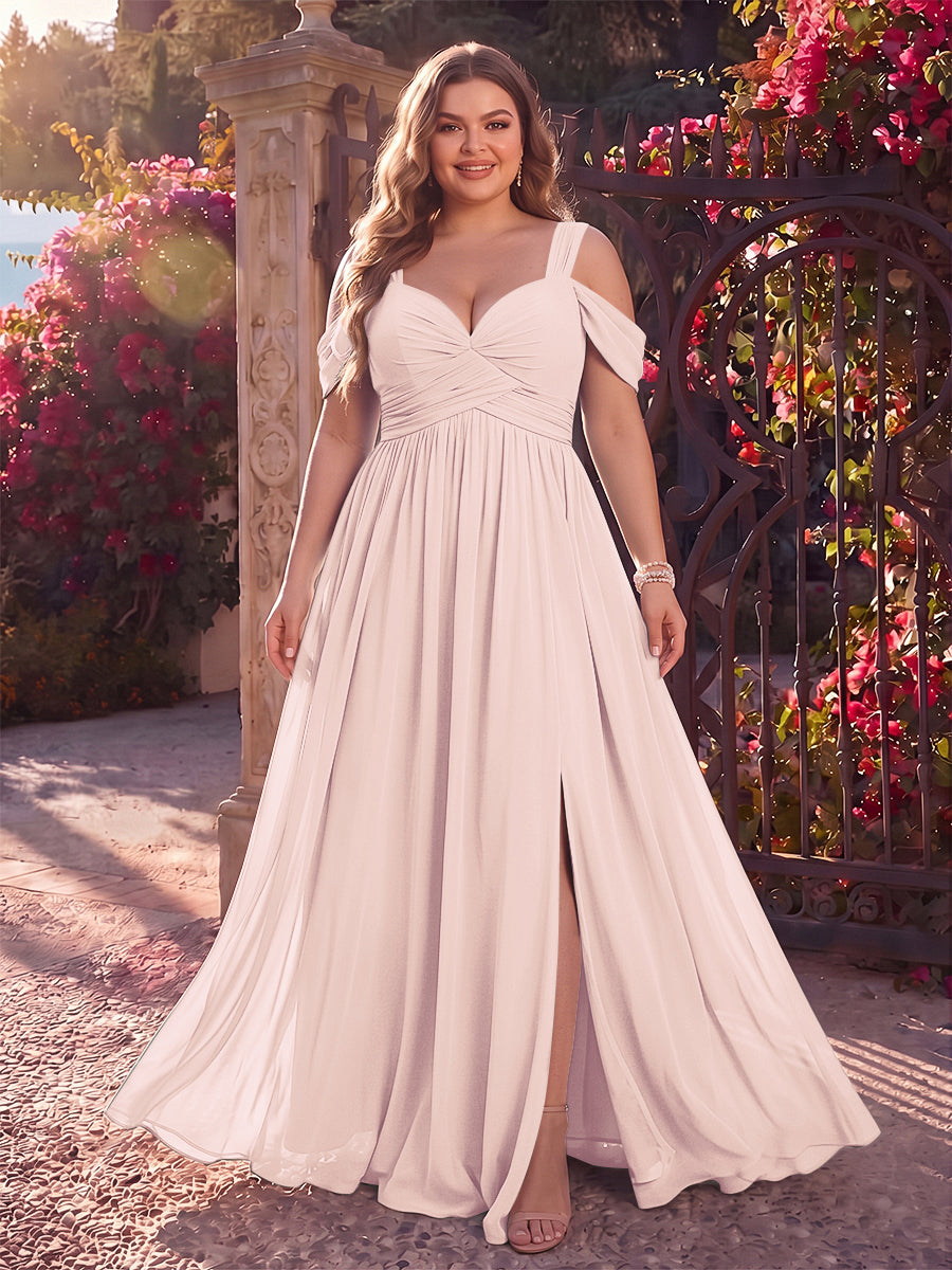 A-Line/Princess Cold Shoulder Sleeveless Chiffon Floor-Length Plus Size Bridesmaid Dresses with Split Side &amp; Ruched