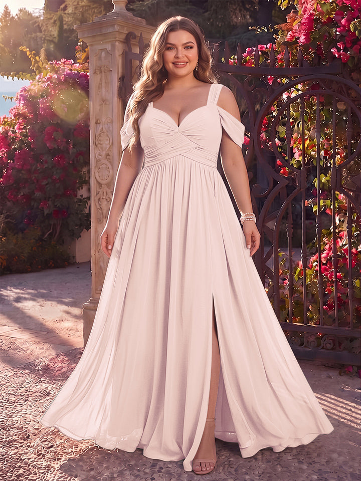 A-Line/Princess Cold Shoulder Sleeveless Chiffon Floor-Length Plus Size Bridesmaid Dresses with Split Side &amp; Ruched