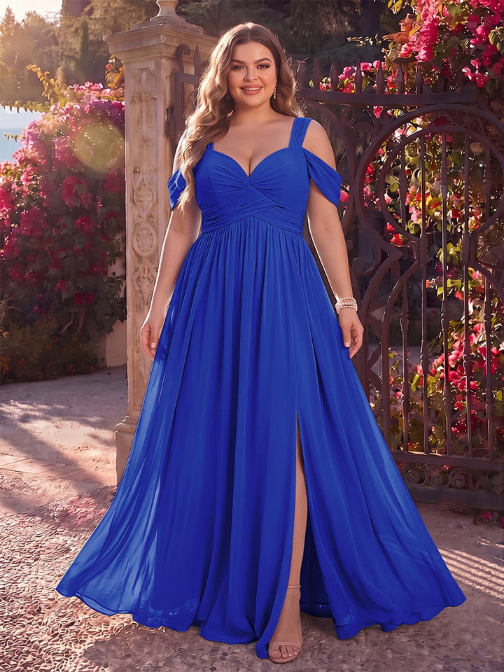 A-Line/Princess Cold Shoulder Sleeveless Chiffon Floor-Length Plus Size Bridesmaid Dresses with Split Side &amp; Ruched