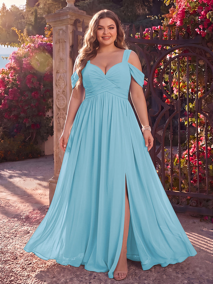 A-Line/Princess Cold Shoulder Sleeveless Chiffon Floor-Length Plus Size Bridesmaid Dresses with Split Side &amp; Ruched