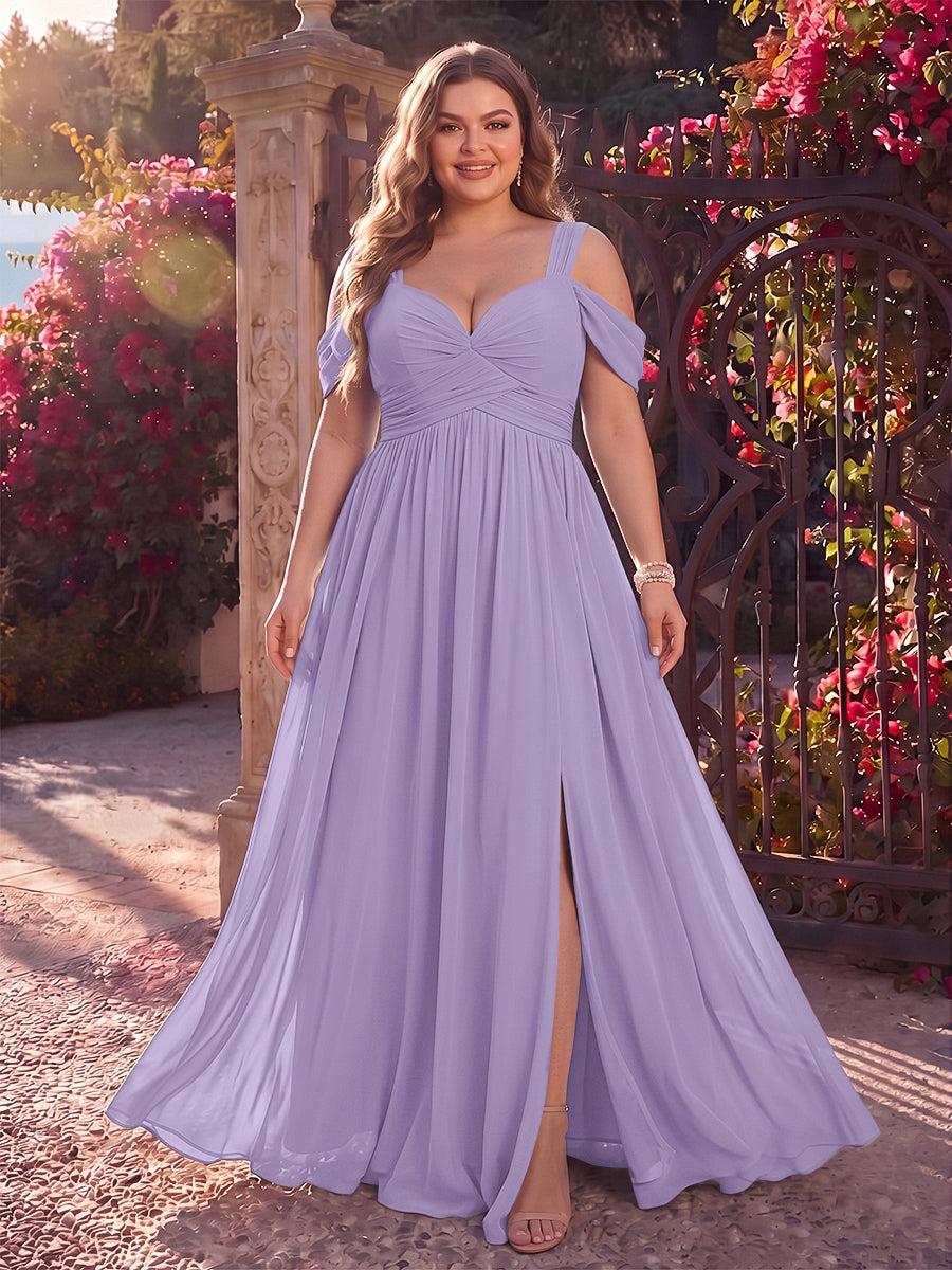 A-Line/Princess Cold Shoulder Sleeveless Chiffon Floor-Length Plus Size Bridesmaid Dresses with Split Side &amp; Ruched