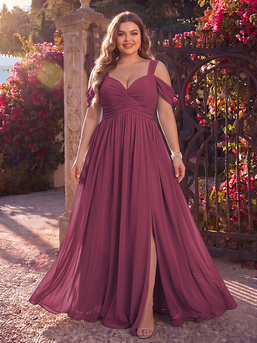 A-Line/Princess Cold Shoulder Sleeveless Chiffon Floor-Length Plus Size Bridesmaid Dresses with Split Side &amp; Ruched