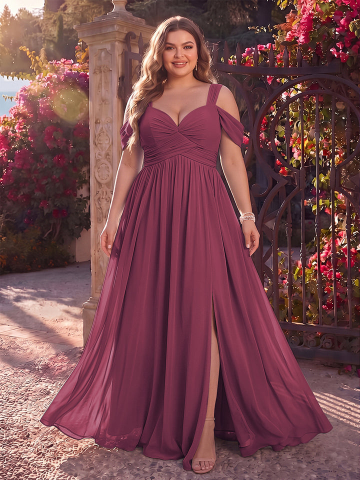 A-Line/Princess Cold Shoulder Sleeveless Chiffon Floor-Length Plus Size Bridesmaid Dresses with Split Side &amp; Ruched