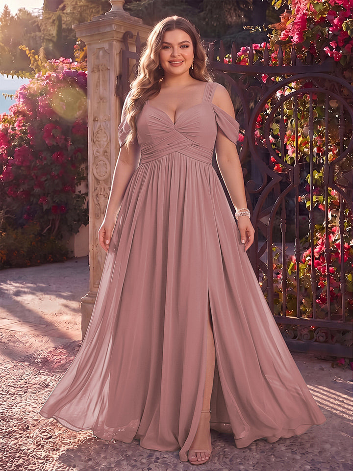 A-Line/Princess Cold Shoulder Sleeveless Chiffon Floor-Length Plus Size Bridesmaid Dresses with Split Side &amp; Ruched