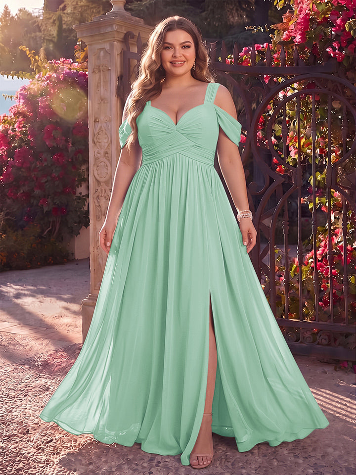A-Line/Princess Cold Shoulder Sleeveless Chiffon Floor-Length Plus Size Bridesmaid Dresses with Split Side &amp; Ruched
