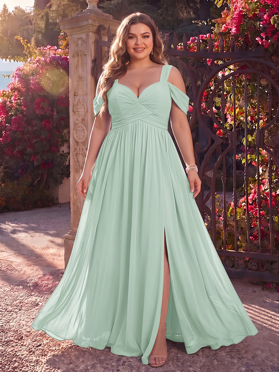 A-Line/Princess Cold Shoulder Sleeveless Chiffon Floor-Length Plus Size Bridesmaid Dresses with Split Side &amp; Ruched