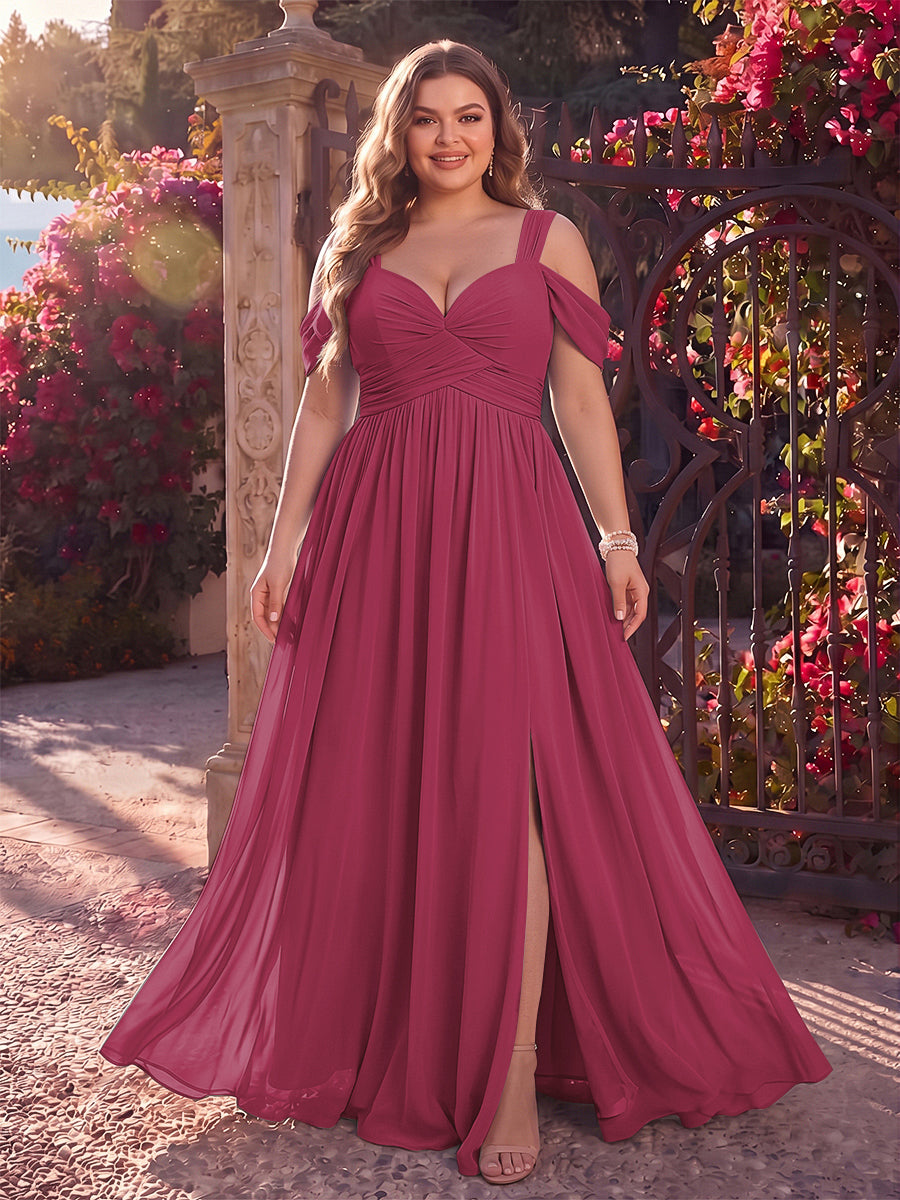 A-Line/Princess Cold Shoulder Sleeveless Chiffon Floor-Length Plus Size Bridesmaid Dresses with Split Side &amp; Ruched