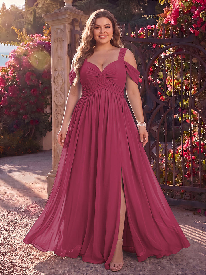 A-Line/Princess Cold Shoulder Sleeveless Chiffon Floor-Length Plus Size Bridesmaid Dresses with Split Side &amp; Ruched