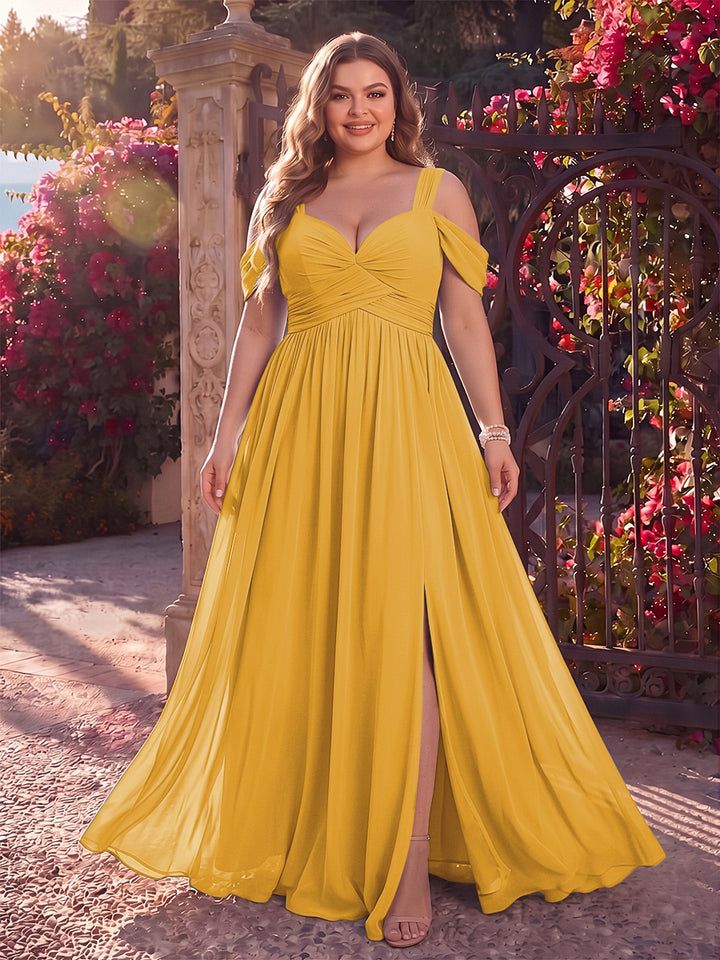 A-Line/Princess Cold Shoulder Sleeveless Chiffon Floor-Length Plus Size Bridesmaid Dresses with Split Side &amp; Ruched