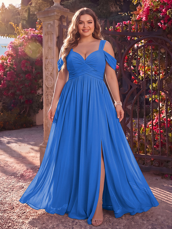 A-Line/Princess Cold Shoulder Sleeveless Chiffon Floor-Length Plus Size Bridesmaid Dresses with Split Side &amp; Ruched