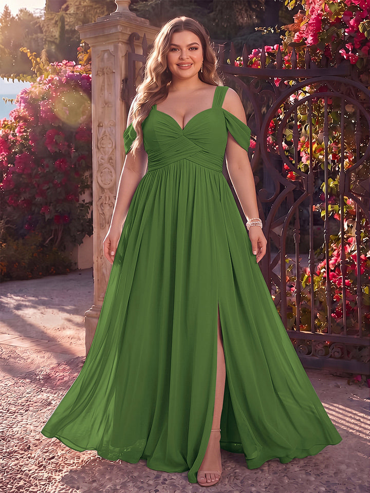 A-Line/Princess Cold Shoulder Sleeveless Chiffon Floor-Length Plus Size Bridesmaid Dresses with Split Side &amp; Ruched