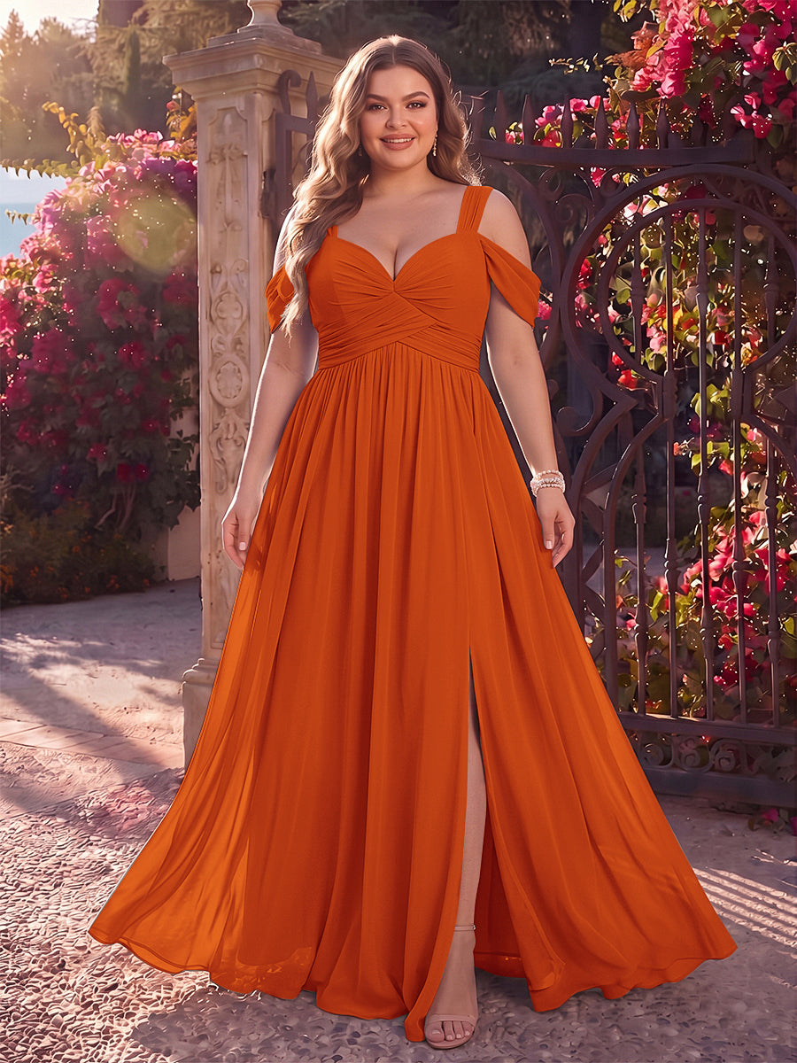 A-Line/Princess Cold Shoulder Sleeveless Chiffon Floor-Length Plus Size Bridesmaid Dresses with Split Side &amp; Ruched