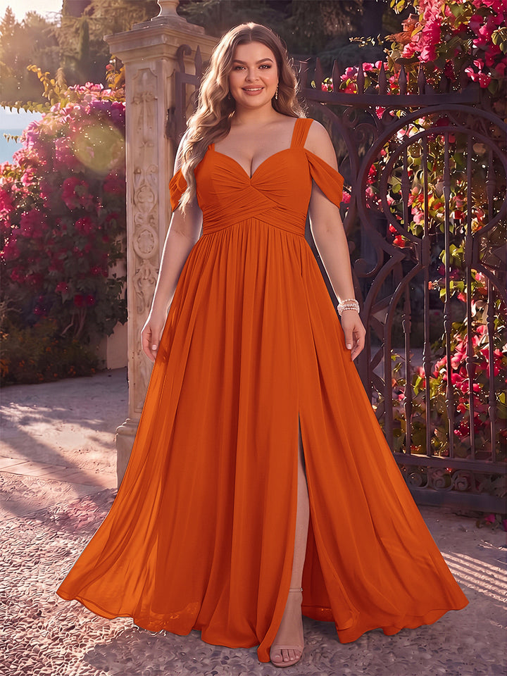 A-Line/Princess Cold Shoulder Sleeveless Chiffon Floor-Length Plus Size Bridesmaid Dresses with Split Side &amp; Ruched