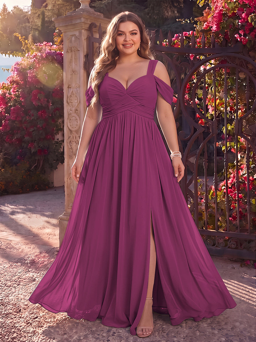 A-Line/Princess Cold Shoulder Sleeveless Chiffon Floor-Length Plus Size Bridesmaid Dresses with Split Side &amp; Ruched