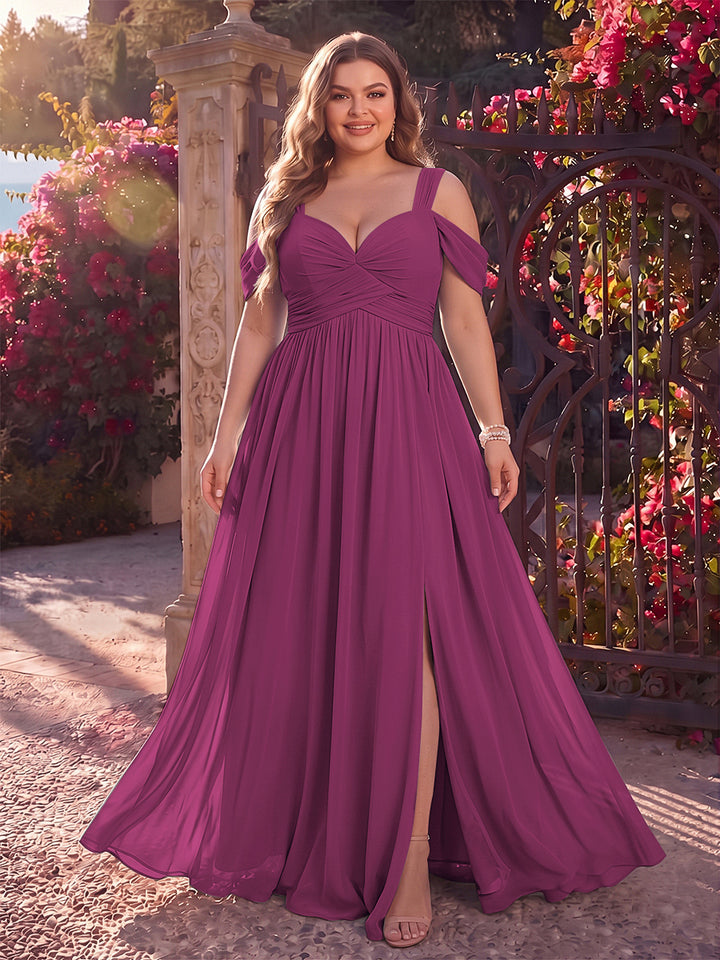 A-Line/Princess Cold Shoulder Sleeveless Chiffon Floor-Length Plus Size Bridesmaid Dresses with Split Side &amp; Ruched