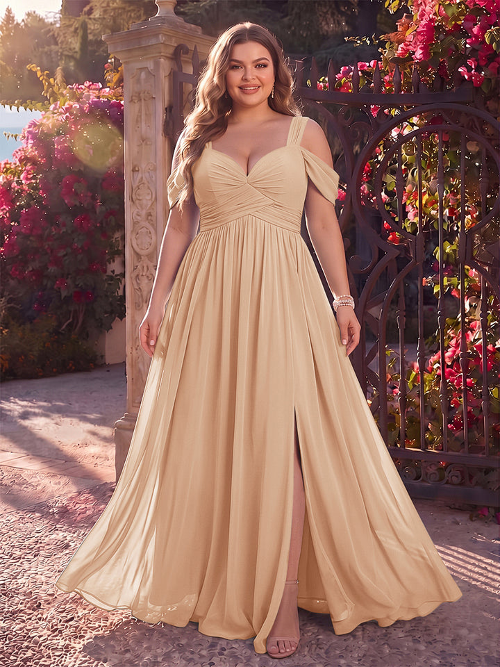 A-Line/Princess Cold Shoulder Sleeveless Chiffon Floor-Length Plus Size Bridesmaid Dresses with Split Side &amp; Ruched