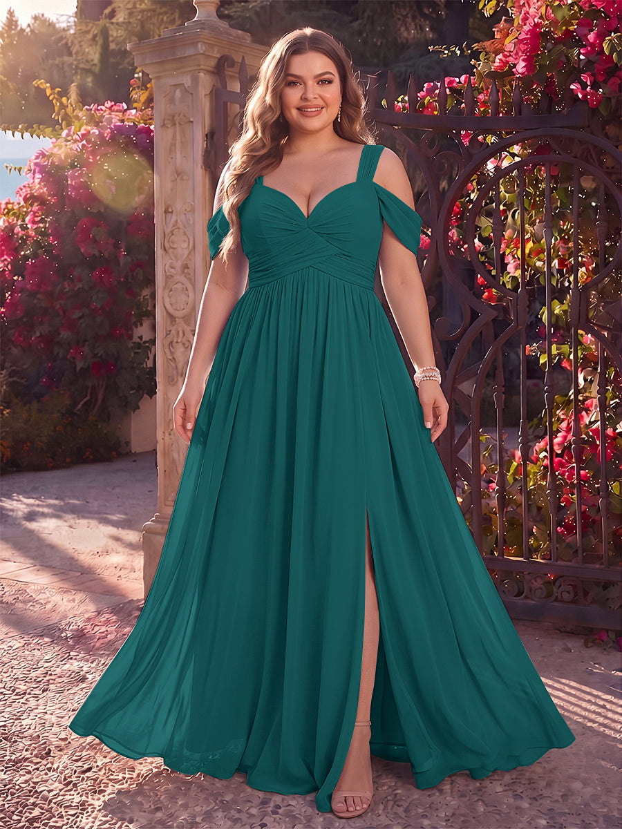 A-Line/Princess Cold Shoulder Sleeveless Chiffon Floor-Length Plus Size Bridesmaid Dresses with Split Side &amp; Ruched