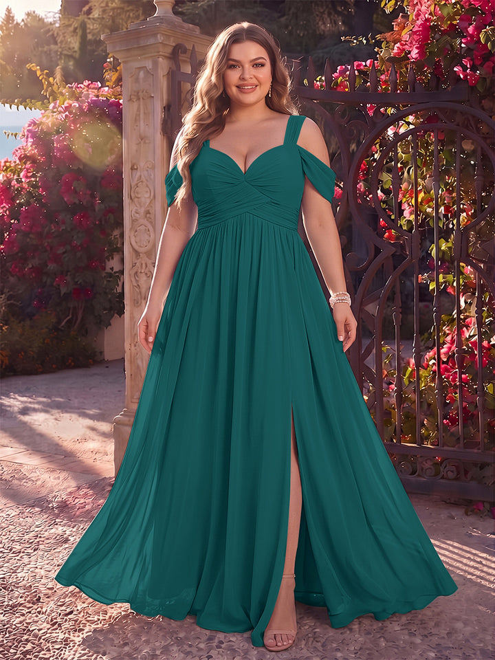 A-Line/Princess Cold Shoulder Sleeveless Chiffon Floor-Length Plus Size Bridesmaid Dresses with Split Side &amp; Ruched