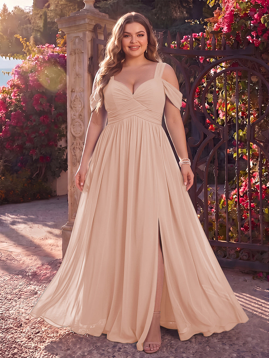 A-Line/Princess Cold Shoulder Sleeveless Chiffon Floor-Length Plus Size Bridesmaid Dresses with Split Side &amp; Ruched