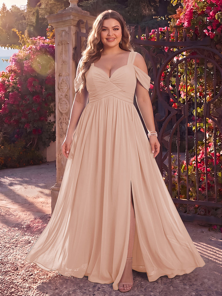A-Line/Princess Cold Shoulder Sleeveless Chiffon Floor-Length Plus Size Bridesmaid Dresses with Split Side &amp; Ruched