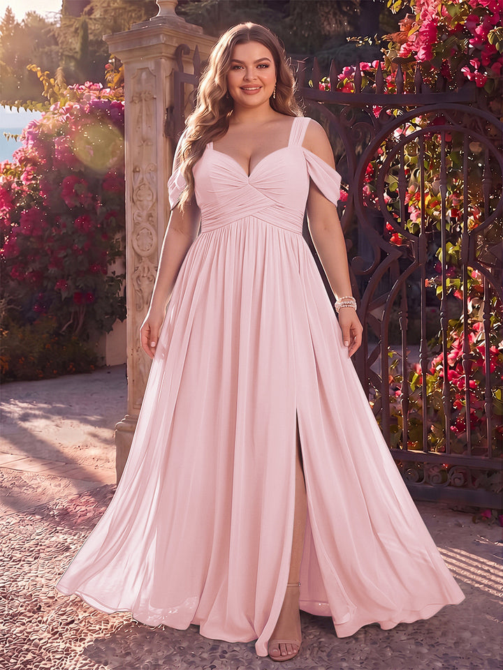A-Line/Princess Cold Shoulder Sleeveless Chiffon Floor-Length Plus Size Bridesmaid Dresses with Split Side &amp; Ruched