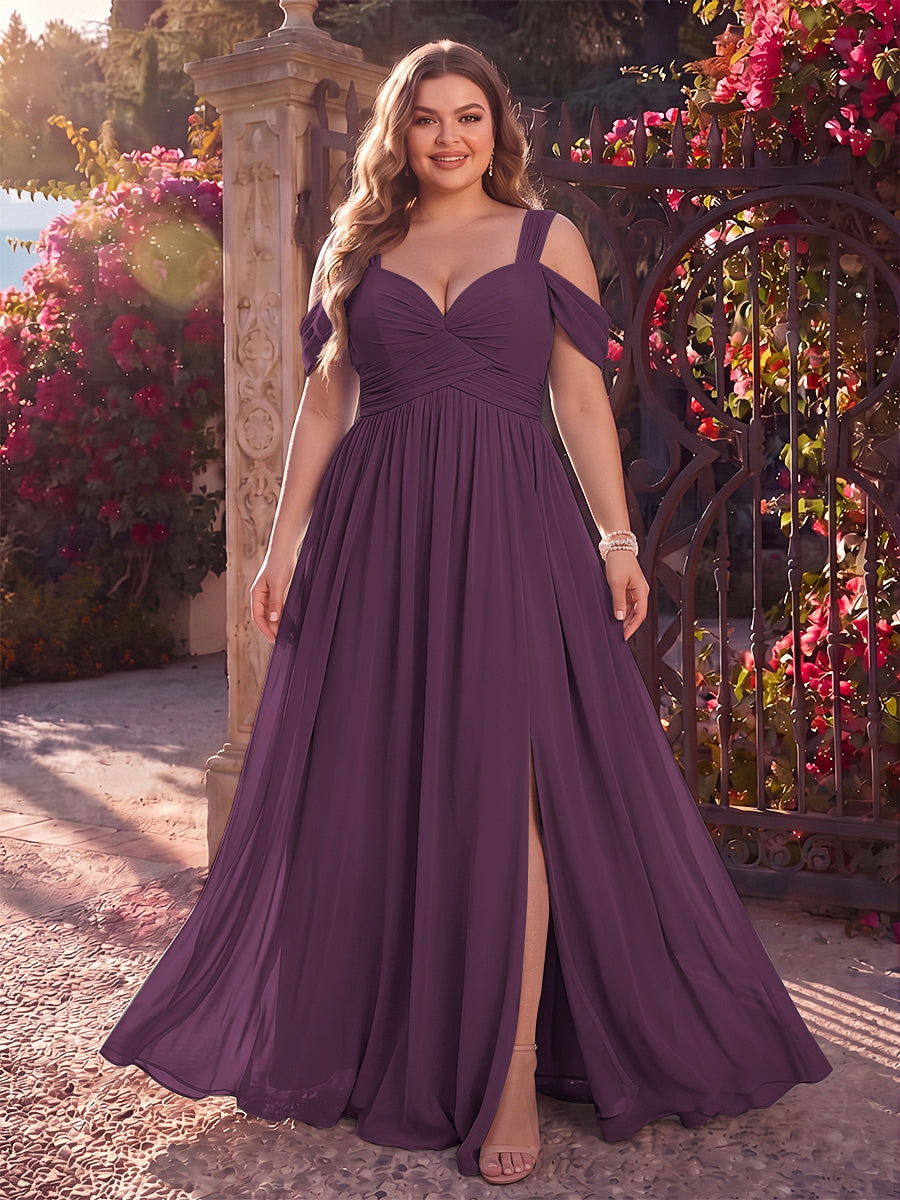 A-Line/Princess Cold Shoulder Sleeveless Chiffon Floor-Length Plus Size Bridesmaid Dresses with Split Side &amp; Ruched