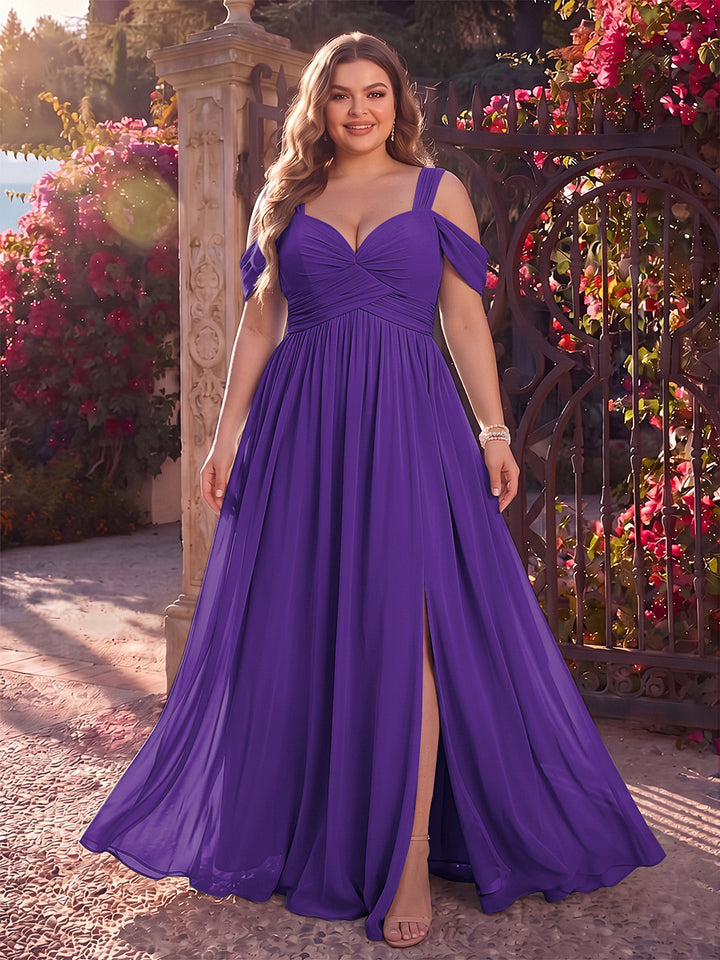 A-Line/Princess Cold Shoulder Sleeveless Chiffon Floor-Length Plus Size Bridesmaid Dresses with Split Side &amp; Ruched