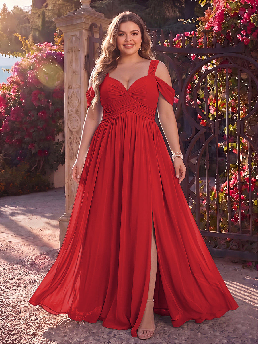 A-Line/Princess Cold Shoulder Sleeveless Chiffon Floor-Length Plus Size Bridesmaid Dresses with Split Side &amp; Ruched