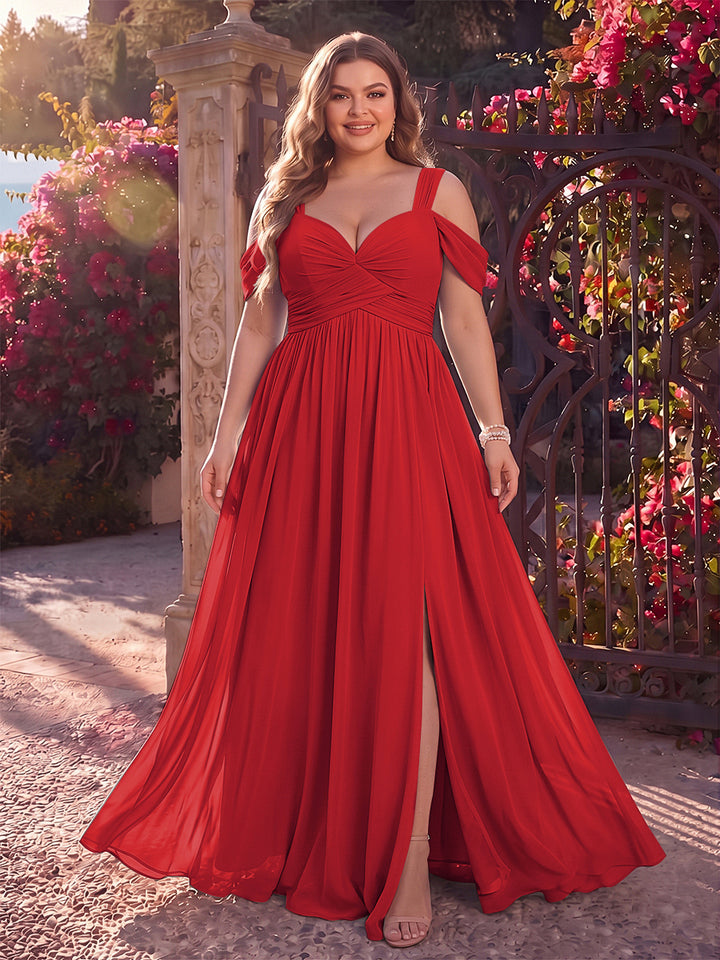 A-Line/Princess Cold Shoulder Sleeveless Chiffon Floor-Length Plus Size Bridesmaid Dresses with Split Side &amp; Ruched