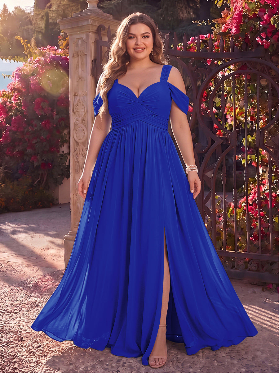 A-Line/Princess Cold Shoulder Sleeveless Chiffon Floor-Length Plus Size Bridesmaid Dresses with Split Side &amp; Ruched