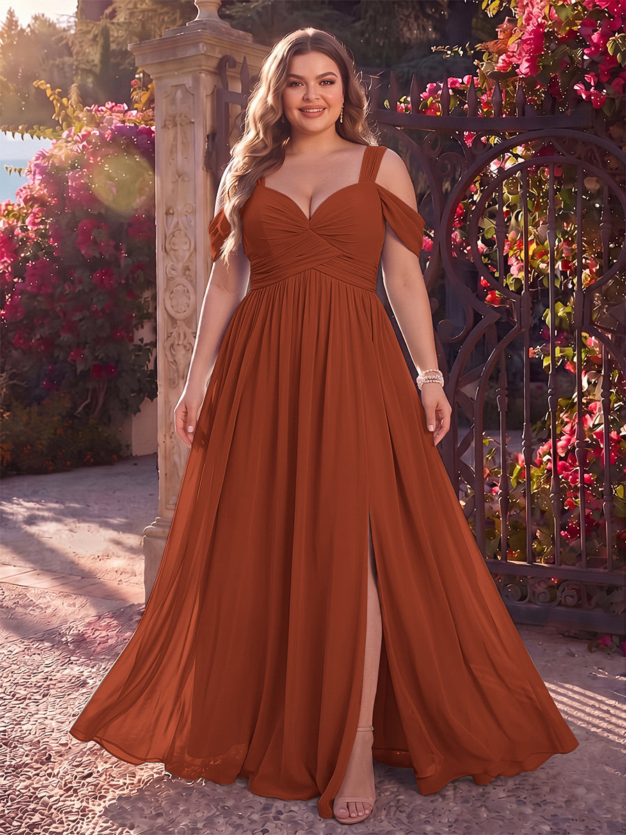 A-Line/Princess Cold Shoulder Sleeveless Chiffon Floor-Length Plus Size Bridesmaid Dresses with Split Side &amp; Ruched