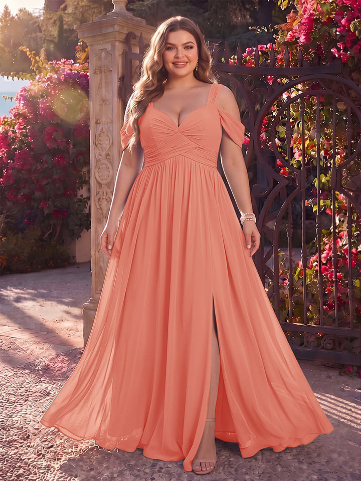 A-Line/Princess Cold Shoulder Sleeveless Chiffon Floor-Length Plus Size Bridesmaid Dresses with Split Side &amp; Ruched