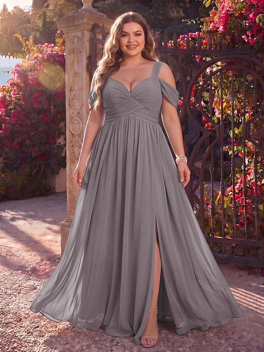 A-Line/Princess Cold Shoulder Sleeveless Chiffon Floor-Length Plus Size Bridesmaid Dresses with Split Side &amp; Ruched