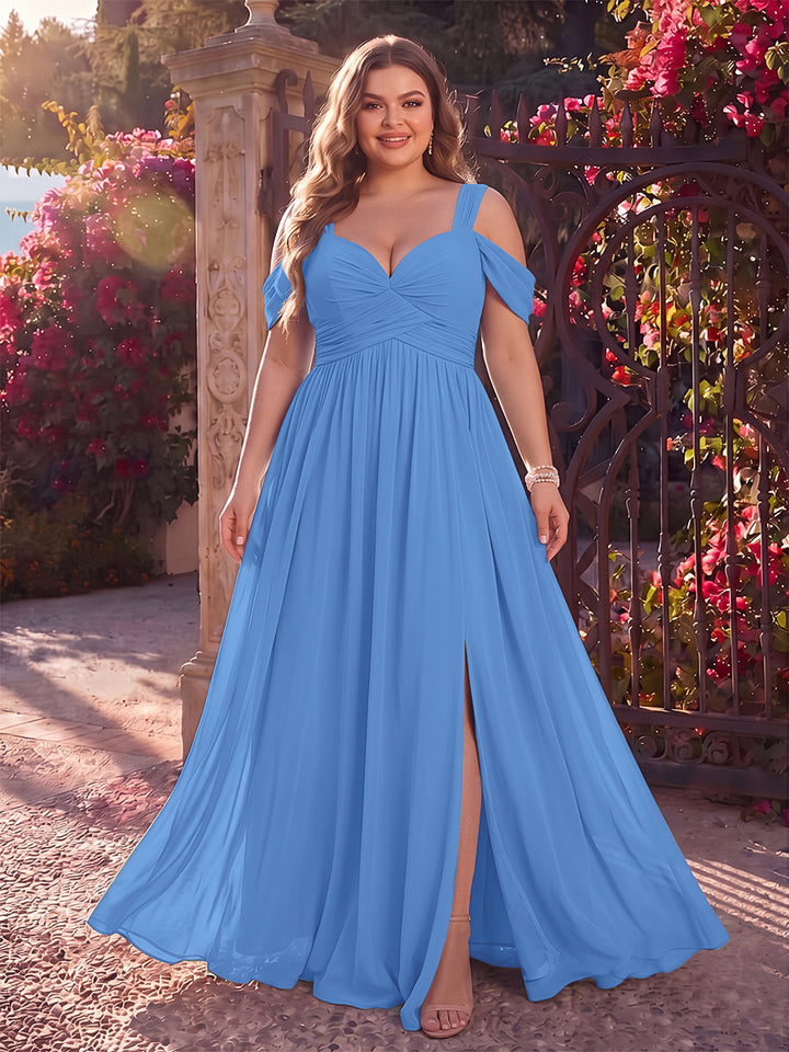 A-Line/Princess Cold Shoulder Sleeveless Chiffon Floor-Length Plus Size Bridesmaid Dresses with Split Side &amp; Ruched