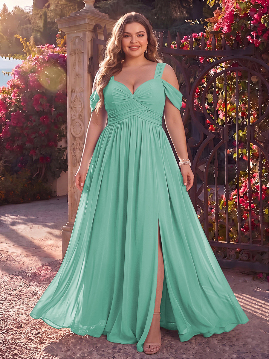 A-Line/Princess Cold Shoulder Sleeveless Chiffon Floor-Length Plus Size Bridesmaid Dresses with Split Side &amp; Ruched