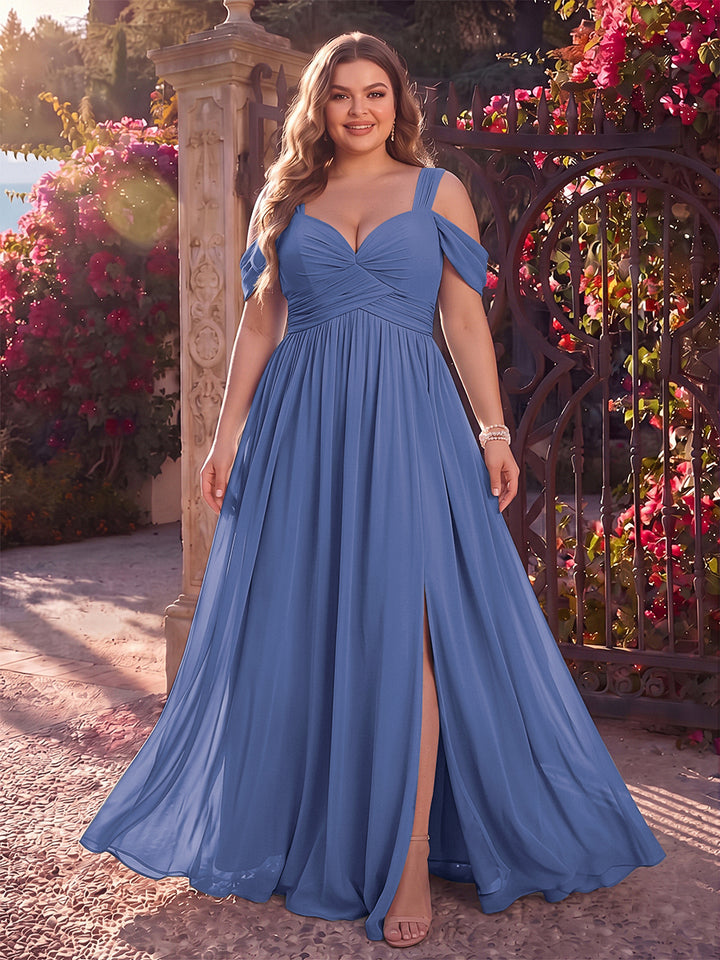 A-Line/Princess Cold Shoulder Sleeveless Chiffon Floor-Length Plus Size Bridesmaid Dresses with Split Side &amp; Ruched