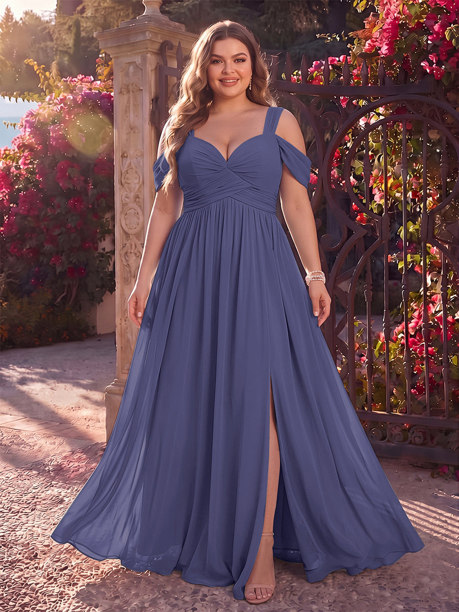 A-Line/Princess Cold Shoulder Sleeveless Chiffon Floor-Length Plus Size Bridesmaid Dresses with Split Side &amp; Ruched