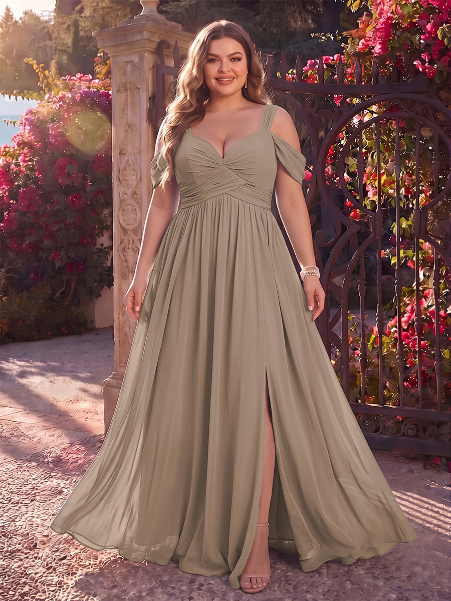 A-Line/Princess Cold Shoulder Sleeveless Chiffon Floor-Length Plus Size Bridesmaid Dresses with Split Side &amp; Ruched