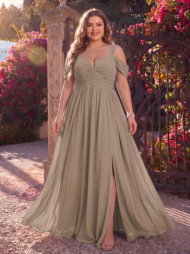 A-Line/Princess Cold Shoulder Sleeveless Chiffon Floor-Length Plus Size Bridesmaid Dresses with Split Side &amp; Ruched