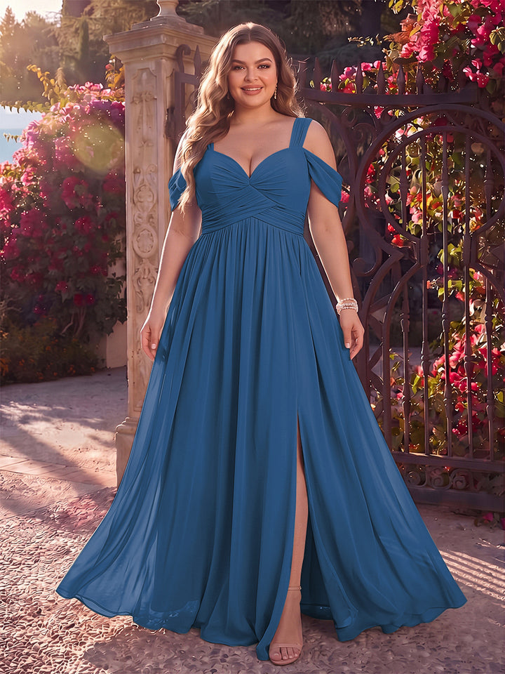A-Line/Princess Cold Shoulder Sleeveless Chiffon Floor-Length Plus Size Bridesmaid Dresses with Split Side &amp; Ruched