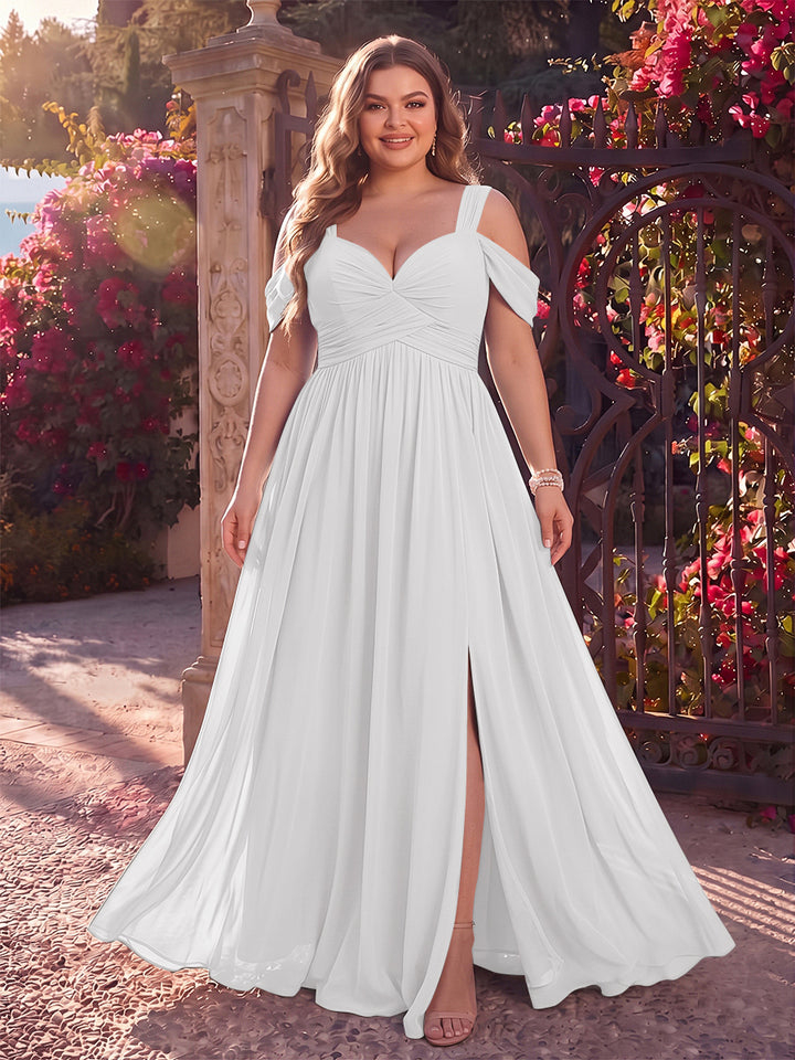 A-Line/Princess Cold Shoulder Sleeveless Chiffon Floor-Length Plus Size Bridesmaid Dresses with Split Side &amp; Ruched