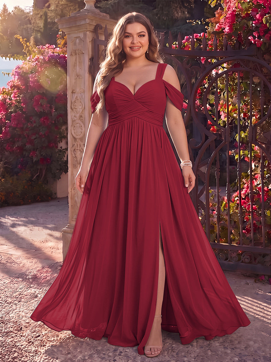A-Line/Princess Cold Shoulder Sleeveless Chiffon Floor-Length Plus Size Bridesmaid Dresses with Split Side &amp; Ruched