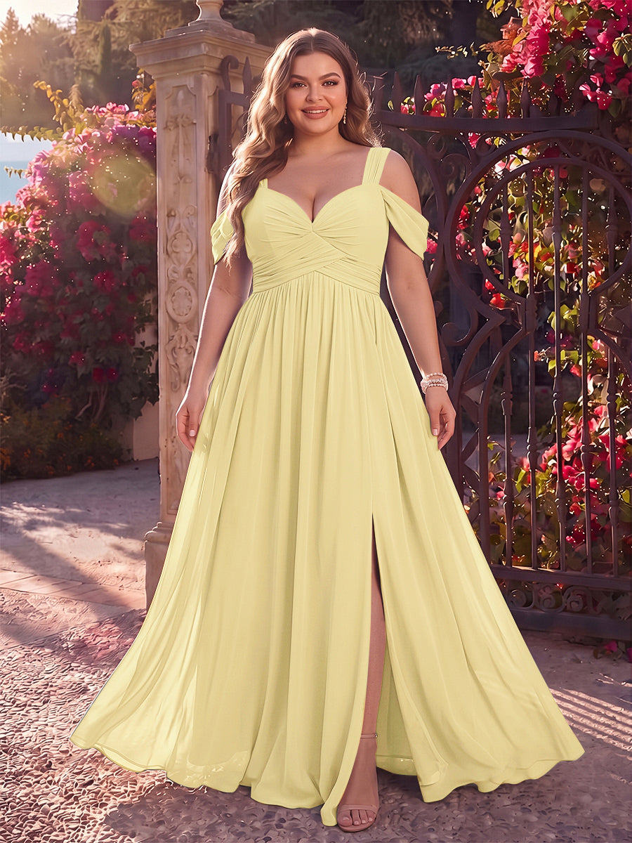 A-Line/Princess Cold Shoulder Sleeveless Chiffon Floor-Length Plus Size Bridesmaid Dresses with Split Side &amp; Ruched
