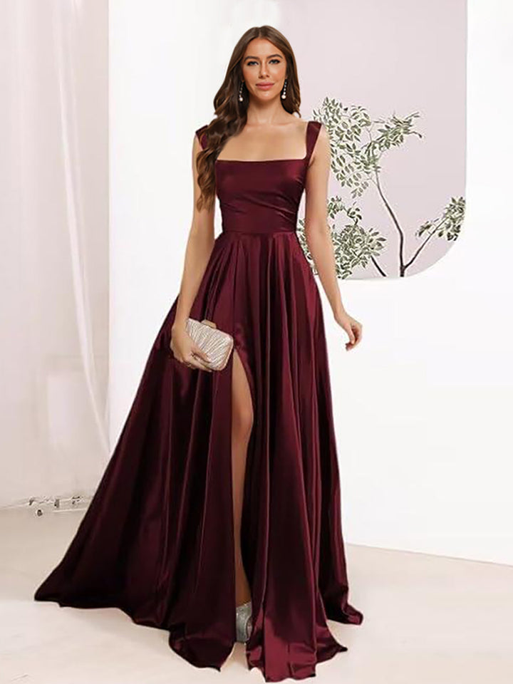 A-Line Square Neck Split Side Floor Length Bridesmaid Dresses
