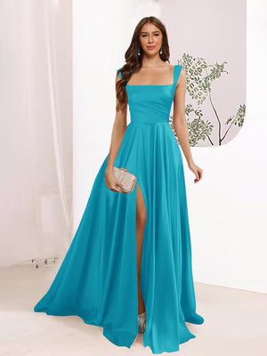 A-Line Square Neck Split Side Floor Length Bridesmaid Dresses