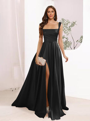 A-Line Square Neck Split Side Floor Length Bridesmaid Dresses