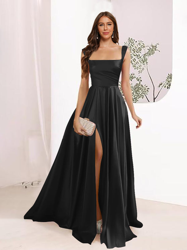 A-Line Square Neck Split Side Floor Length Bridesmaid Dresses