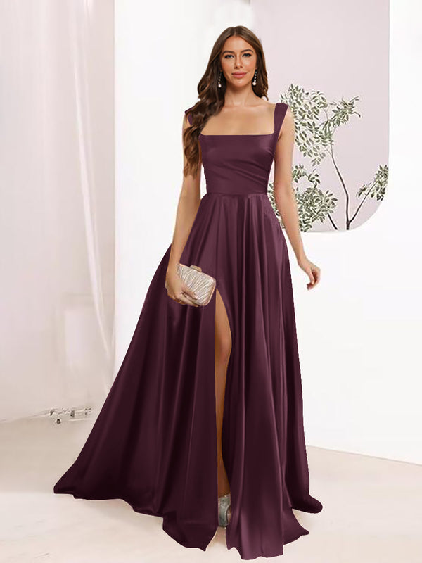 A-Line Square Neck Split Side Floor Length Bridesmaid Dresses