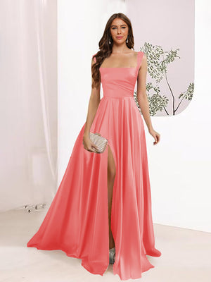 A-Line Square Neck Split Side Floor Length Bridesmaid Dresses
